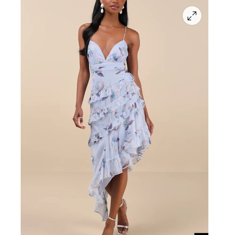 Lulus Saveria Light Blue Floral Assymetric Lavender Ruffle Dress